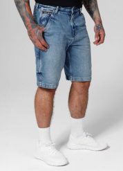 Szorty męskie Pitbull Jeansowe Blue Denim Carpenter. Niebieskie szorty męskie PITBULL, m, z aplikacjami, z bawełny, klasyczne. Za 229.00 zł.