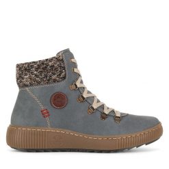 Botki Rieker. Niebieskie botki damskie Rieker, bez obcasa, na płaskiej podeszwie, bez zapięcia. Za 251.99 zł.