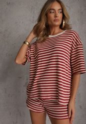 Beżowo-Czerwony Komplet Casualowy z Bawełny Oversize T-shirt i Szorty w Paski Stylizowany na Szydełkowany Pherra. Brązowe szorty damskie Renee, bez wzorów, z bawełny, eleganckie. Za 159.99 zł.