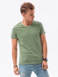 Klasyczna męska koszulka z dekoltem w serek BASIC - jasnozielony V11 S1369 - XXL. Zielone t-shirty męskie Ombre Clothing, m, bez wzorów, z jeansu, klasyczne, bez kołnierzyka. W wyprzedaży za 29.99 zł.