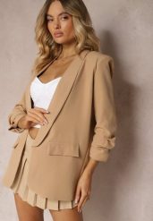 Ciemnobeżowa Marynarka Niezapinana z Marszczonymi Rękawami Orolea. Brązowe żakiety damskie Renee, l, bez wzorów, z tkaniny, eleganckie. Za 109.99 zł.