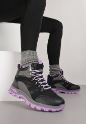 Czarno-Fioletowe Buty Trekkingowe Trapery Vices Ozdobione Przeszyciami Narrive. Czarne śniegowce i trapery damskie Born2be, z dresówki, przed kolano. Za 89.99 zł.