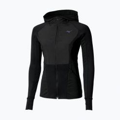 Kurtka do biegania damska Mizuno Active Warm Hybrid Full Zip Hooded. Czarne kurtki sportowe damskie Mizuno, bez wzorów, bez kaptura, do biegania. Za 269.99 zł.