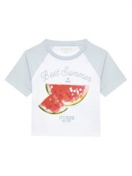 Guess T-Shirt J5GI06 K8HM4 Biały Boxy Fit. Białe t-shirty i topy dla dziewczynek Guess, z aplikacjami, z bawełny, bez ramiączek. Za 79.99 zł.