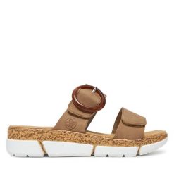Klapki Rieker. Brązowe klapki damskie Rieker, bez wzorów, bez obcasa. Za 219.99 zł.