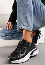 Czarne Sneakersy na Grubej Podeszwie z Siateczkową Cholewką i Sznurowaniem Ravare. Czarne obuwie sportowe damskie Renee, bez wzorów. Za 89.99 zł.