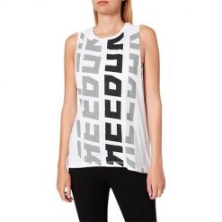 Koszulka treningowa damska Reebok Foundations. Białe koszulki sportowe damskie Reebok, uniwersalny, bez wzorów, z dresówki, bez kołnierzyka, bez ramiączek, na fitness i siłownię. Za 132.00 zł.