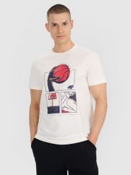 4F T-shirt regular z nadrukiem męski - biały XL. Białe koszulki sportowe męskie 4f, m, bez wzorów, z bawełny, klasyczne, bez kołnierzyka. Za 59.99 zł.