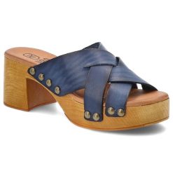 Klapki damskie HEE, ze skóry naturalnej licowej na klocku wygodne, niebieskie, 25355. Niebieskie sandały damskie Hee, bez wzorów, z materiału, bez obcasa, na obcasie, bez zapięcia. Za 239.00 zł.