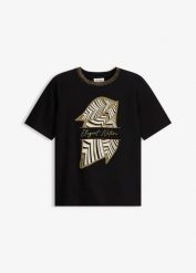 T-shirt z bawełny organcznej. Czarne t-shirty damskie bonprix, bez wzorów, z bawełny, eleganckie, bez kołnierzyka. Za 67.99 zł.