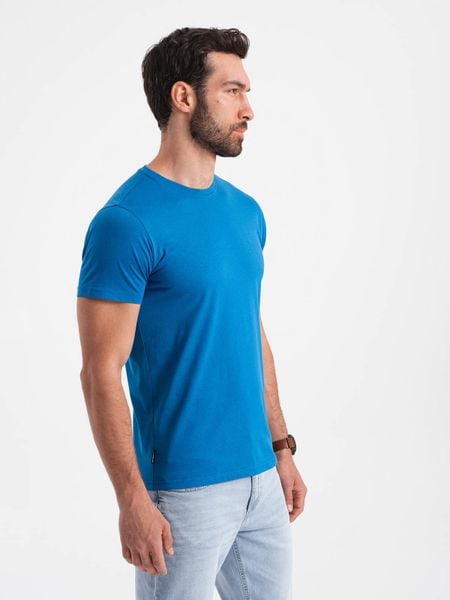 Męski klasyczny bawełniany T-shirt BASIC - niebieski V12 - Rozmiar: M. Niebieskie t-shirty męskie Ombre Clothing, m, bez wzorów, z bawełny, klasyczne, bez kołnierzyka. W wyprzedaży za 24.99 zł.