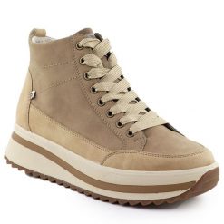 Skórzane botki damskie na platformie beżowe Rieker W3871-60. Brązowe botki damskie Rieker, ze skóry, bez obcasa, na platformie, bez zapięcia. Za 439.00 zł.