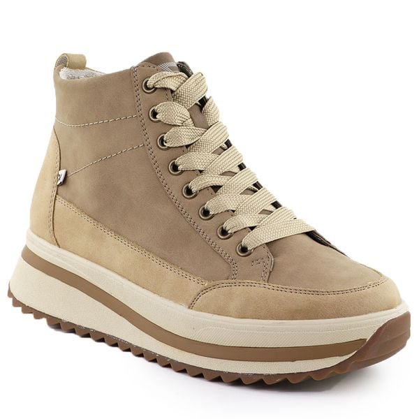 Skórzane botki damskie na platformie beżowe Rieker W3871-60. Brązowe botki damskie Rieker, ze skóry, bez obcasa, na platformie, bez zapięcia. Za 439.00 zł.