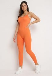Pomarańczowy Elastyczny Kombinezon Dopasowany Bodycon na Cienkich Regulowanych Ramiączkach Xantella. Brązowe sukienki damskie Born2be, s, bez wzorów, sportowe, bez kołnierzyka, bez ramiączek, bodycon. Za 59.99 zł.
