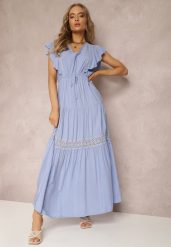 Niebieska Sukienka Callamene. Niebieskie sukienki damskie Renee, na lato, m, z aplikacjami, z koronki, bez kołnierzyka, bez ramiączek, maxi. Za 59.99 zł.