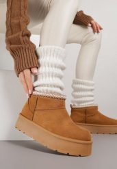 Brązowe Śniegowce na Grubej Podeszwie Zdobione Haftem Sewnella. Brązowe śniegowce i trapery damskie Born2be, z jeansu. Za 69.99 zł.