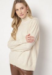 Jasnobeżowy Casualowy Golf z Wełną o Prostym Kroju Reiselia. Brązowe kardigany damskie Born2be, uniwersalny, bez wzorów, z bawełny. Za 69.99 zł.