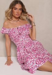Różowa Sukienka Bawełniana z Gumką w Talii i Ornamentalnym Printem Natilessae. Czerwone sukienki damskie Renee, na co dzień, l, z aplikacjami, z bawełny, eleganckie, bez kołnierzyka, bez ramiączek, midi, kopertowe. Za 39.99 zł.