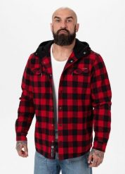 Kurtka męska Pitbull flanelowa z kapturem Pioneer. Czerwone kurtki męskie PITBULL, na lato, m, z aplikacjami, z bawełny, klasyczne, z kapturem. Za 249.00 zł.