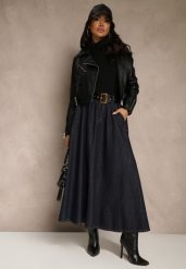 Granatowa Rozkloszowana Spódnica Jeansowa Midi z Paskiem Wendlla. Niebieskie spódnice damskie Renee, l, bez wzorów, z jeansu, midi, rozkloszowane. Za 169.99 zł.