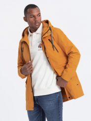 Kurtka męska parka z kieszeniami cargo - musztardowa V3 - Rozmiar: XL. Czarne kurtki męskie Ombre Clothing, m, bez wzorów, eleganckie, bez kaptura. W wyprzedaży za 109.99 zł.