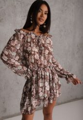 Brązowy Kombinezon Casual w Kwiaty w Eterycznym Stylu z Falbankami Antedeia. Brązowe sukienki dla dziewczynek Renee, bez wzorów, boho, bez ramiączek. Za 179.99 zł.