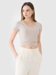 T-shirt crop top gładki damski 4F 4FRSS25TTSHF2695. Brązowe t-shirty damskie 4f, s, bez wzorów, z bawełny, klasyczne, bez kołnierzyka. Za 53.97 zł.