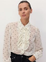 Koszula z żabotem - złamana biel. Koszule damskie Reserved, l, bez wzorów, z tkaniny, bez kołnierzyka, bez ramiączek. W wyprzedaży za 99.99 zł.