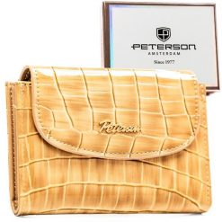 Beżowy portfel damski ze skóry ekologicznej z tłoczeniem na wzór skóry krokodyla - Peterson. Brązowe portfele damskie Peterson, z aplikacjami, ze skóry ekologicznej. Za 89.99 zł.