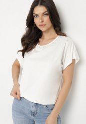Biały Bawełniany T-shirt Nietoperz z Perłami i Koronką Eleziria. Białe bluzki damskie Born2be, l, bez wzorów, z bawełny, bez kołnierzyka. Za 34.99 zł.