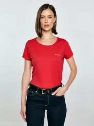 Koszulka damska z brokatowym nadrukiem czerwona Merra 603. Czerwone t-shirty damskie Big Star, l, bez wzorów, z dzianiny, eleganckie, bez kołnierzyka. Za 89.99 zł.