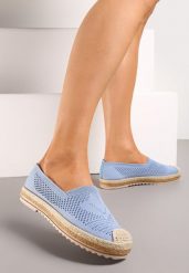 Niebieskie Ażurowe Espadryle na Plecionej Podeszwie z Ozdobnym Noskiem Uraian. Niebieskie espadryle damskie Renee, w ażurowe wzory, ze skóry, bez obcasa, bez zapięcia. Za 49.99 zł.
