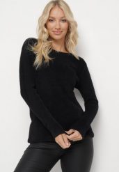 Czarny Sweter z Puchatej Dzianiny Valen. Czarne swetry damskie Born2be, m, bez wzorów, z dzianiny, eleganckie, bez kołnierzyka, bez ramiączek, bez kaptura. Za 44.99 zł.