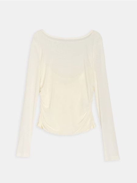 Bluzka z transparentnym rękawem - kremowy. Białe bluzki damskie Sinsay, l, bez wzorów, bez kołnierzyka, bez ramiączek. Za 35.99 zł.