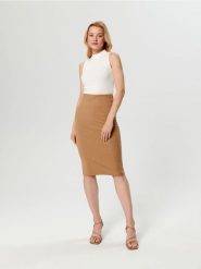 Spódnica midi ołówkowa - beżowy. Brązowe spódnice damskie Sinsay, l, bez wzorów, prążkowane, midi, ołówkowe. Za 29.99 zł.