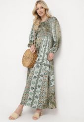 Zielona Sukienka w Stylu Boho z Rozkloszowanym Dołem i Bufiastymi Rękawami Ertiana. Zielone sukienki damskie Born2be, na co dzień, l, bez wzorów, z materiału, boho, bez kołnierzyka, bez ramiączek, maxi, proste. Za 149.99 zł.