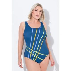 Damski Strój kąpielowy kolorowe wypustki bez miękkich miseczek. Niebieskie kostiumy jednoczęściowe damskie Ulla Popken, plus size, bez wzorów, z elastanu, sportowe, plus size, do pływania. Za 195.99 zł.