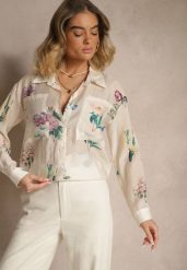 Beżowa Koszula w Kwiaty z Dodatkiem Wiskozy z Kieszonkami Polliliana. Brązowe bluzki damskie Renee, l, bez wzorów, z jeansu, eleganckie, bez kołnierzyka, bez ramiączek. Za 99.99 zł.