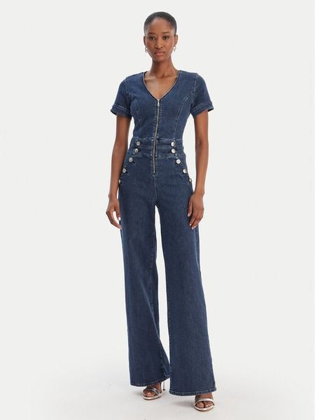 Guess Kombinezon W6RD94 D0911 Granatowy Wide Leg. Niebieskie sukienki damskie Guess, m, z aplikacjami, z bawełny, bez kołnierzyka, bez ramiączek. Za 799.99 zł.