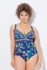 Damski Strój kąpielowy miękkie miseczki dekolt w serek siateczka Powermesh. Niebieskie kostiumy jednoczęściowe damskie Ulla Popken, plus size, bez wzorów, z elastanu, plus size, do pływania. Za 191.99 zł.