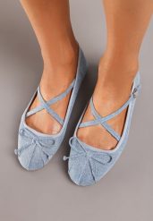 Niebieskie Balerinki z Kokardką i Sprzączkami Yrisa. Niebieskie baleriny damskie Born2be, bez wzorów, z dzianiny, eleganckie, bez obcasa, na obcasie. Za 64.99 zł.
