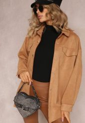 Brązowa Koszula z Klapami Zapinana na Napy Elmanette. Brązowe bluzki damskie Renee, xl, bez wzorów, bez kołnierzyka, bez ramiączek. Za 129.99 zł.