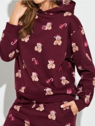 Bluza hoodie ze wzorem - bordowy. Czerwone bluzy damskie Sinsay, l, bez wzorów, bez kaptura. Za 39.99 zł.