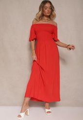Czerwona Rozkloszowana Sukienka Hiszpanka z Bawełny z Elastyczną Górą Maissa. Czerwone sukienki damskie Renee, na co dzień, l, bez wzorów, z bawełny, eleganckie, bez kołnierzyka, bez ramiączek, midi, rozkloszowane. Za 39.99 zł.