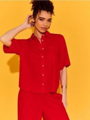 Wiskozowa koszula z krótkim rękawem z domieszką lnu - pomarańczowy. Brązowe koszule damskie Sinsay, l, bez wzorów, z wiskozy, bez kołnierzyka, bez ramiączek. Za 39.99 zł.