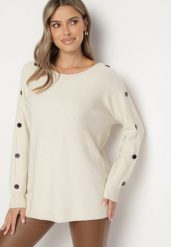 Jasnobeżowy Sweter z Dodatkiem Bawełny i Wiskozy z Guzikami na Rękawach Ciasine. Brązowe swetry damskie Born2be, l, bez wzorów, z bawełny, bez kołnierzyka, plus size, bez ramiączek, długie, bez kaptura. Za 74.99 zł.