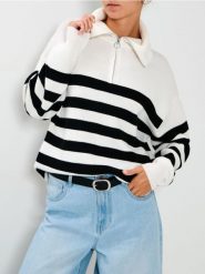 Sweter w paski - biały. Białe swetry damskie Sinsay, l, bez wzorów, bez kołnierzyka, bez ramiączek, bez kaptura. Za 69.99 zł.