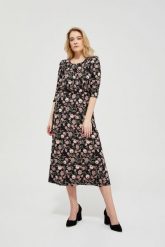 Sukienka z nadrukiem w kwiaty. Czarne sukienki damskie MOODO, xs, bez wzorów, z dzianiny, eleganckie, bez kołnierzyka, bez ramiączek, baskinki. W wyprzedaży za 23.99 zł.
