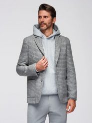 Marynarka męska w kratę z dodatkiem wełny - szara V1 - Rozmiar: XL. Szare marynarki męskie Ombre Clothing, bez wzorów, z materiału. W wyprzedaży za 169.99 zł.