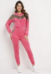 Fuksjowy 2-Częściowy Komplet Dresowy z Animal Print Bluza z Kapturem i Spodnie z Kieszeniami Arieli. Czerwone bluzy damskie Born2be, m, bez wzorów, z dresówki, z kapturem. Za 79.99 zł.
